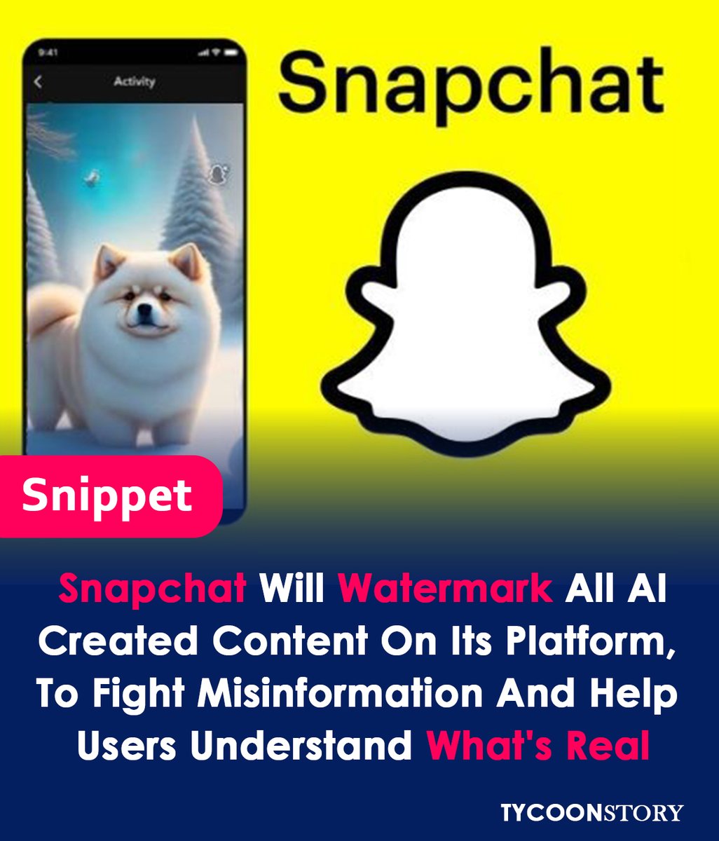 TycoonStoryCo's tweet photo. Snapchat watermarks AI-generated content to fight misinformation
#AI #artificialintelligence #deepfake #machinelearning #snapchatfilter #snapai #FightMisinformation #aiwatermark #watermark #contenttransparency #digitalfootprint #fakenews @Snapchat @snapchatsupport https://t.co/dD8kkfYckn
