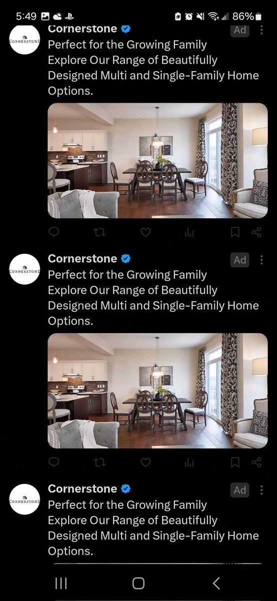 Patrickbroadhu3's tweet photo. @kcoleman Nah, but I'd actually like a place to report a problem . It shouldn't be so hard to report a problem or to try and figure out why im only seeing ads on my feed? These screenshots are from 5 minutes apart, and the same ad takes over my screen https://t.co/77hLrtN4u2