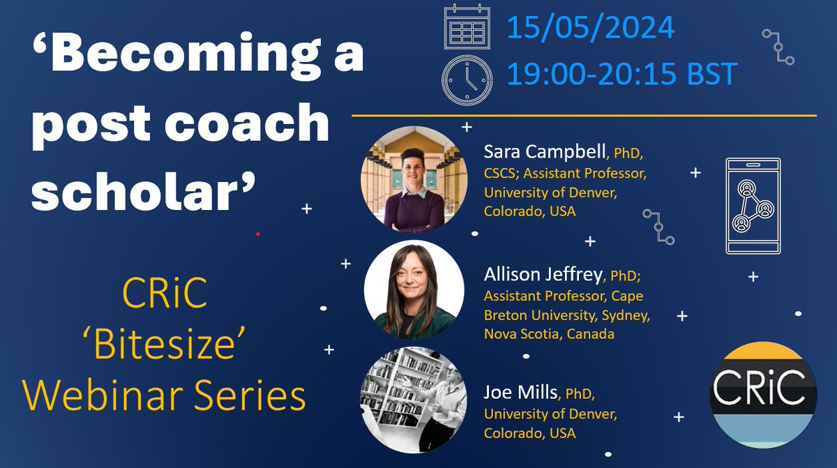 CRiC_SCR's tweet photo. Kicking off our first webinar in the run up to #CRiC2024 on 15th May at 7pm BST, is @saracampbell102, @allijeff
and Joe Mills on becoming a post coach scholar! Join us! https://t.co/WwFlDNy0bo https://t.co/JWygCCa0AI