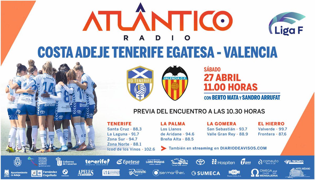 atlantico_radio's tweet photo. 🏟️ ¿Quieres ir el sábado a #Adeje?

🔊🎟️ Sorteamos entradas DOBLES para el encuentro entre la @UDCATenerife y el @VCF_Femenino 

📱Solo tienes que retuitear esta publicación y seguir nuestra cuenta. 

🗳️ El viernes publicaremos los ganadores. ¡Suerte!.

#AdejeEsDeporte https://t.co/ec4jWUeynP