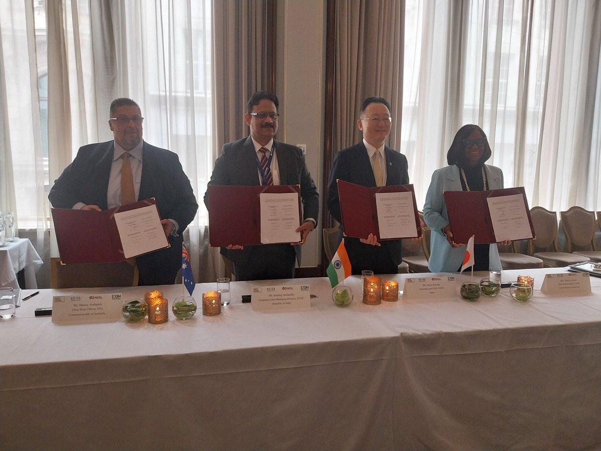 ecgclimited's tweet photo. ECGC, US Exim Bank, NEXI, &amp; Export Finance Australia signed a MoC in Oslo to collaborate under QUAD. The initiative will support infrastructure projects, exporters, and SMEs in the Indo-Pacific, enhancing supply chain resilience. (1/n)
 @DoC_GoI 
@BerneUnion https://t.co/Ol9YWCTGKf
