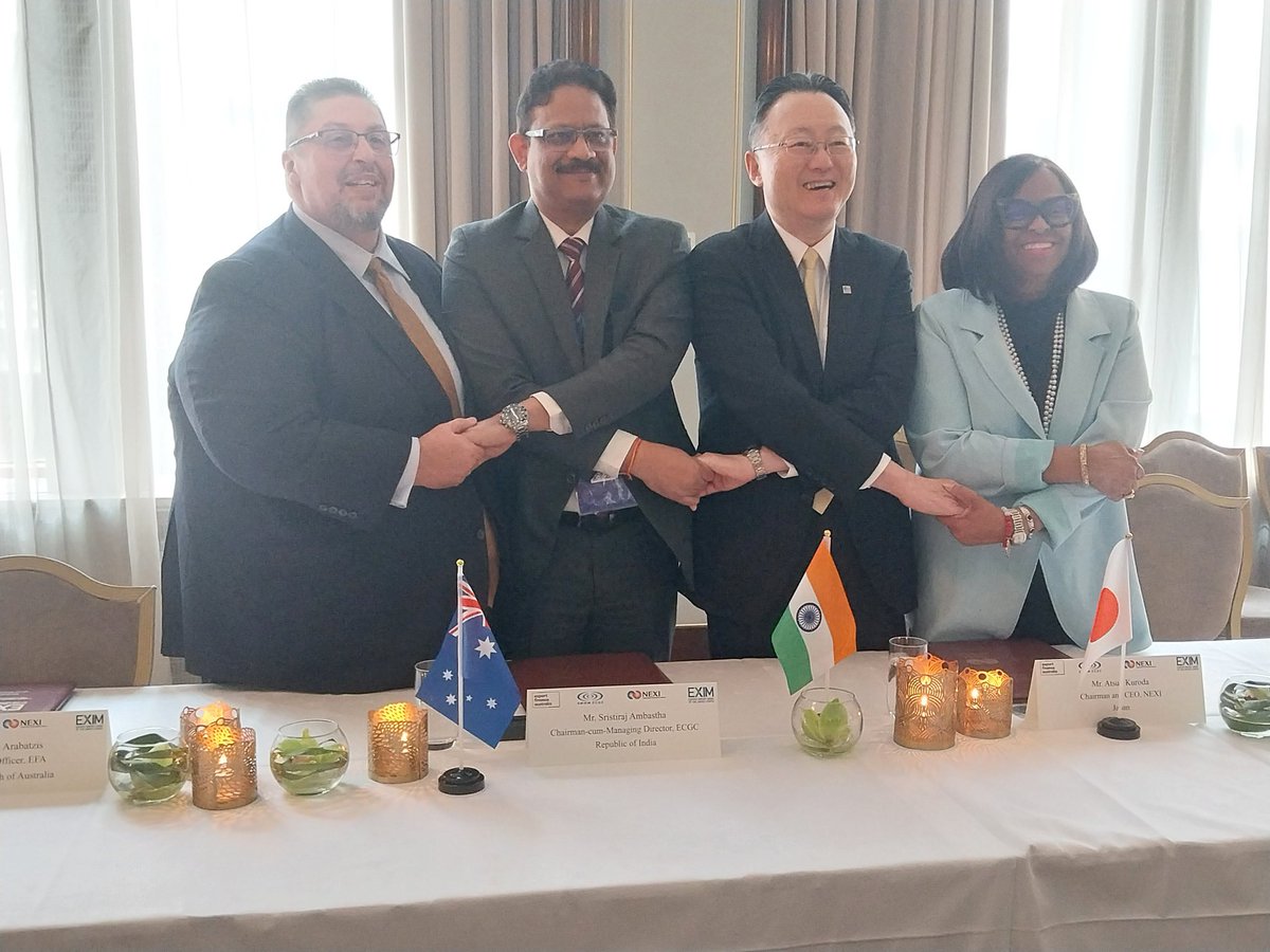 ecgclimited's tweet photo. ECGC, US Exim Bank, NEXI, &amp; Export Finance Australia signed a MoC in Oslo to collaborate under QUAD. The initiative will support infrastructure projects, exporters, and SMEs in the Indo-Pacific, enhancing supply chain resilience. (1/n)
 @DoC_GoI 
@BerneUnion https://t.co/Ol9YWCTGKf