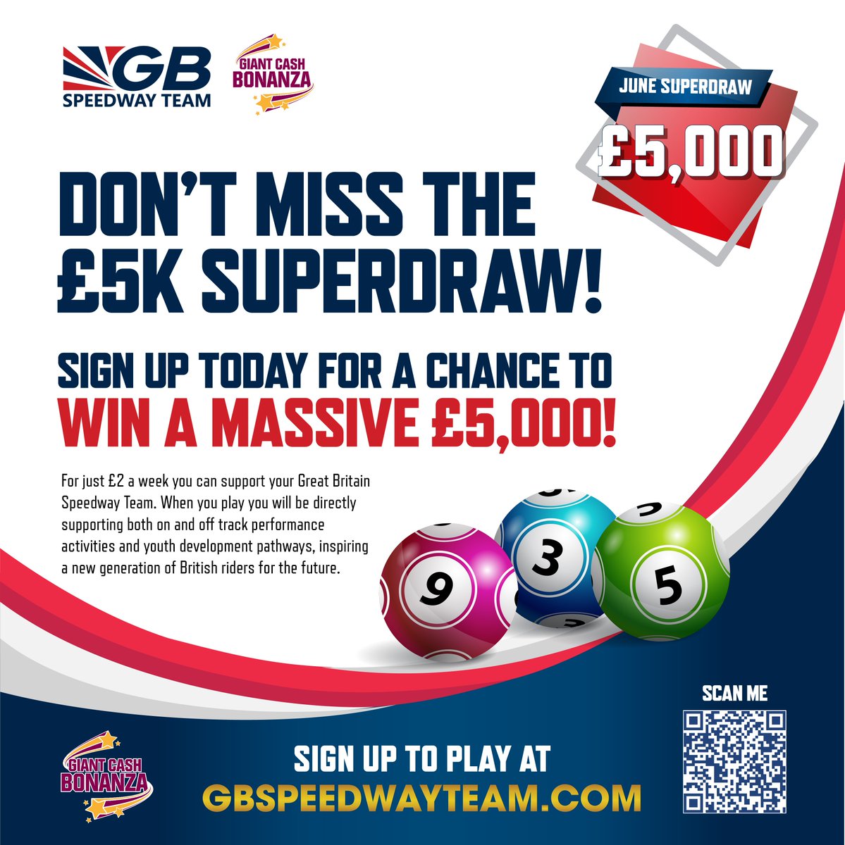🇬🇧 It's time for another SUPERDRAW! How would you like to win £5,000?! When you sign up to the GB Speedway Team Giant Cash Bonanza Lottery you have multiple chances to WIN weekly, monthly and quarterly cash prizes all while supporting our youth development pathways. Giving the…