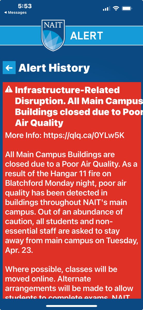 #CrisisCommsTip 

A fire causing the destruction of an abandoned hangar at a property adjacent to the NAIT campus has caused closure of the main campus buildings due to poor air quality.

With this emergency alert, the campus community is notified within minutes. 

Alerts work.