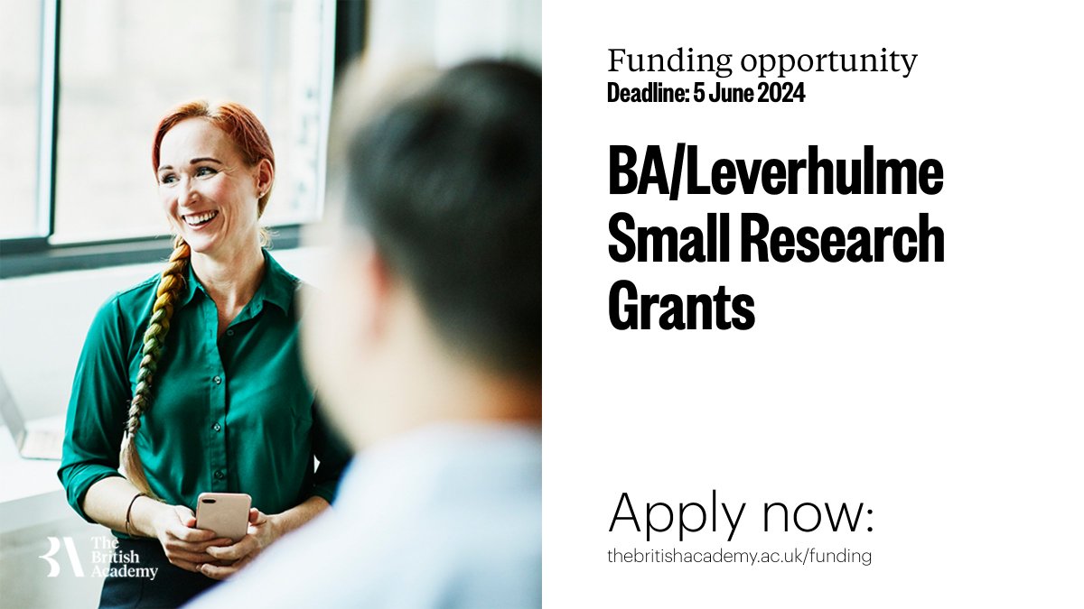 Alongside the @LeverhulmeTrust, we invite postdoctoral – or equivalent – scholars in humanities and social sciences to apply for the BA/Leverhulme Small Research Grants. The awards are up to £10,000 in value. Application deadline is 5 June. Apply now: thebritishacademy.ac.uk/funding/ba-lev…