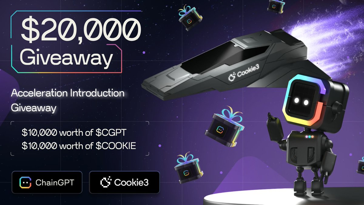 🚀 ChainGPT x @Cookie3_com $20,000 Acceleration Giveaway Join our special Giveaway and win a share of: 🪂 $10,000 in $COOKIE 🪂 $10,000 in $CGPT Don’t miss out 👇 Gleam: gleam.io/thcep/20000-ai… Telegram Bot: t.me/Cookie3Airdrop…