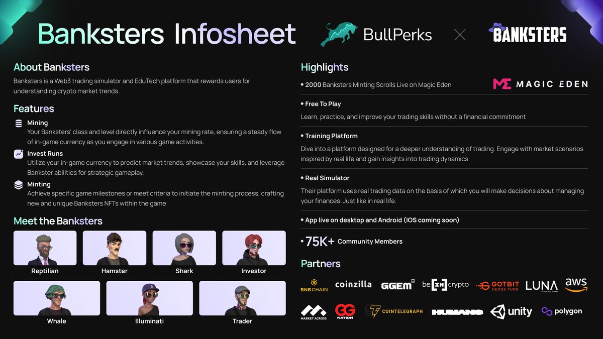 .@BankstersNFT in a nutshell 🔥 💰 Allocation: $275,000 💲Token Price: $0.04 💎 Ticker: $BARS 📅 IDO Date: April 24, 2024 | 1:25PM UTC 🌐 Network: Ethereum 🎒 Vesting: 20% at listing, vesting for 20% x 4 Months 🪙 Total Token Supply: 300,000,000 ⚙️ FDV: 12,000,000 #BullPerks…