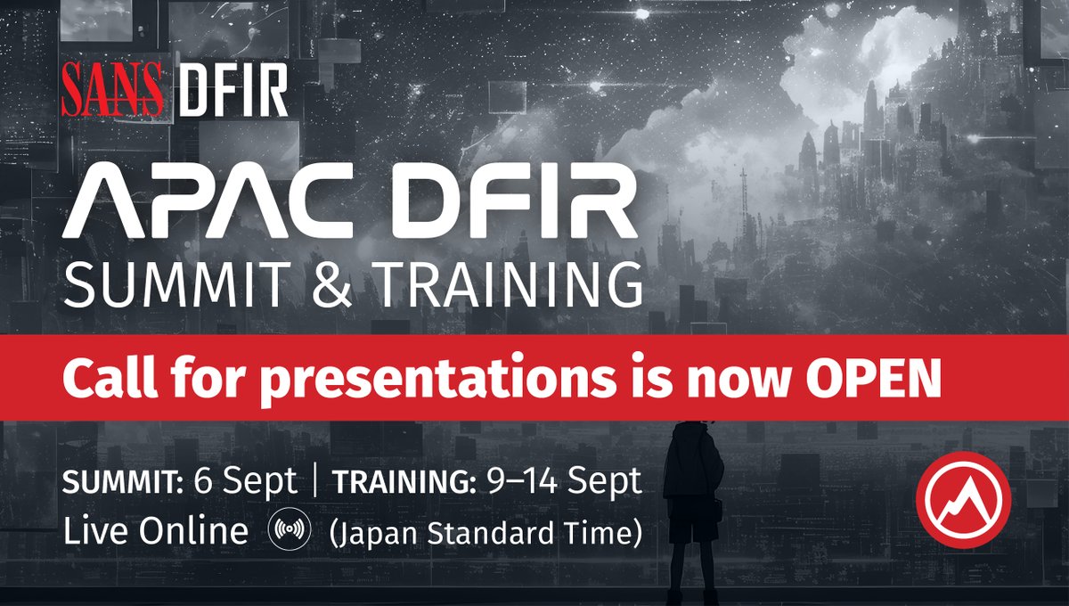 sansforensics's tweet photo. 🚨 We're accepting CFPs for the #APACDFIRSummit!
🚀 Showcase your expertise & contribute to the community. Submit your presentation now and be part of shaping the future of digital forensics & incident response!
➡️ Submit your proposal here by 10 May: https://t.co/91siJOWVPC https://t.co/eKBQts5Akf