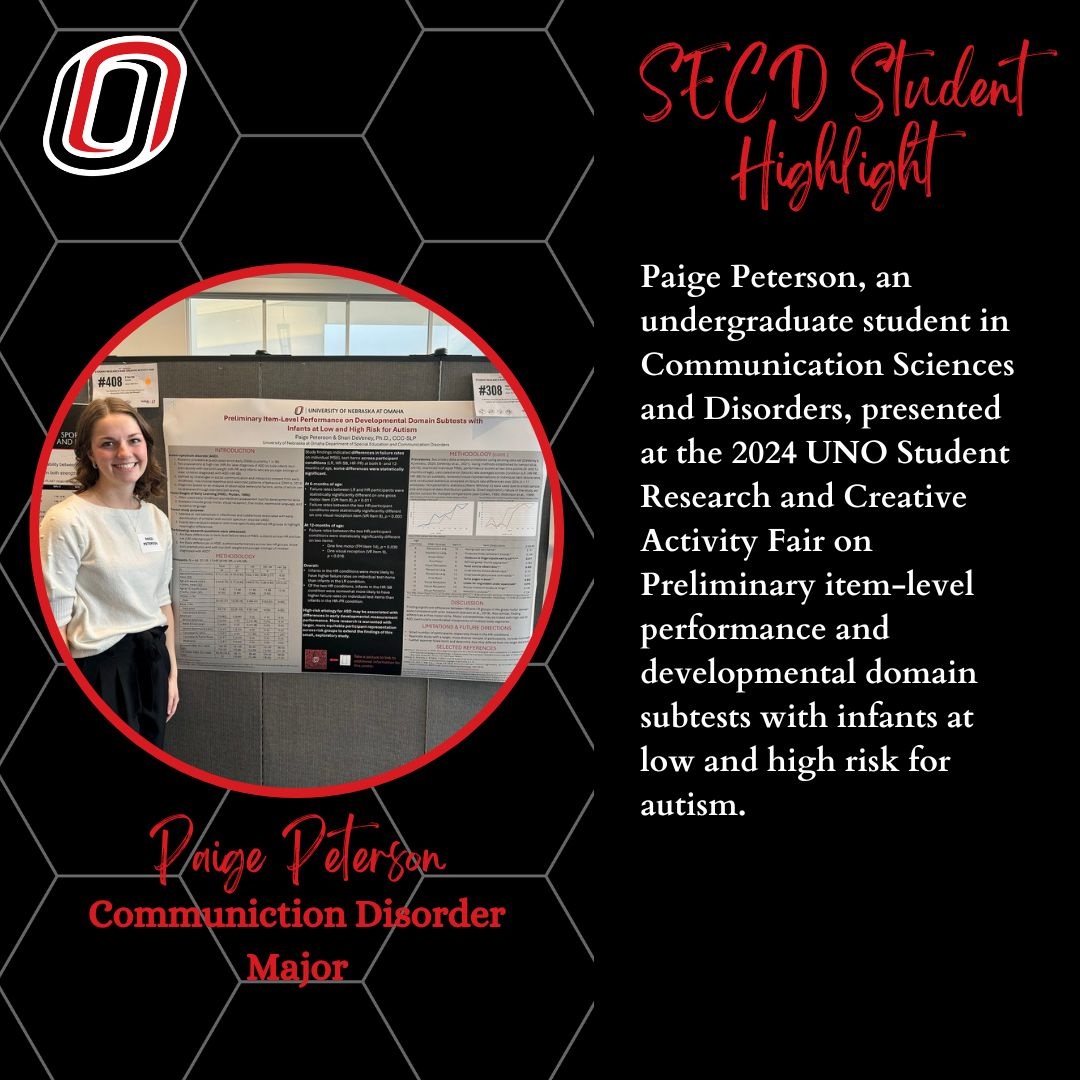 SECD Shoutout to Paige Peterson on her poster presentation at the 2024 UNO Student Research and Creative Activity Fair. #educationmatters #communicationdisorders #autism #research #slp @UNOSECD @UNOCEHHS @unonsslha @UNOmaha @UNOExpl