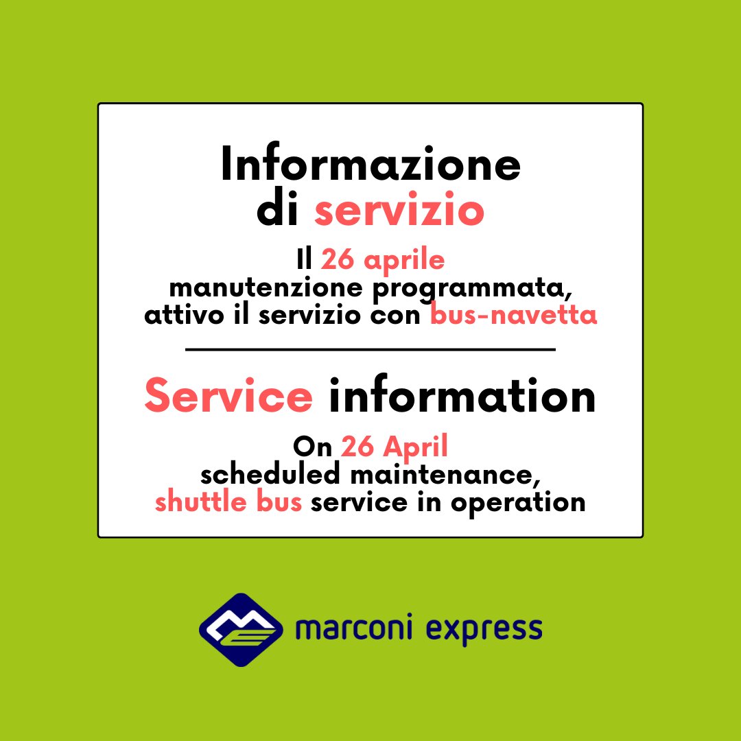 🔴 Riattivato il servizio su monorotaia, venerdì 26 ultime lavorazioni 🔴

Leggi di più ➡️ marconiexpress.it/riattivato-il-…

🔴Monorail service reactivated, Friday 26 last workings🔴

Read more ➡️ marconiexpress.it/en/monorail-se…
