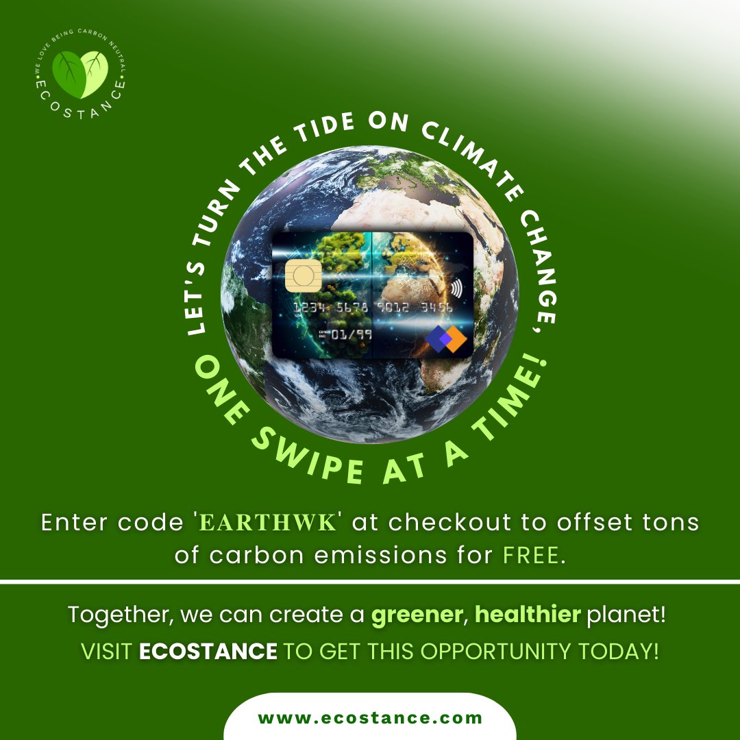 Reduce your carbon footprint effortlessly! 

Use code '𝐄𝐀𝐑𝐓𝐇𝐖𝐊' at 𝐄𝐜𝐨𝐒𝐭𝐚𝐧𝐜𝐞 checkout for FREE carbon offsetting. 
Let's go green together!
.
.
.
#climateAction #climatePower #COP28 #UniteActDeliver #CarbonOffset #SustainableLiving #EcoFriendly #GoGreen