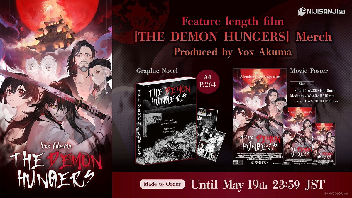[Vox Akuma: The Demon Hungers merch orders open👹] Orders open for merch based on #NIJISANJI_EN Liver @Vox_Akuma's original movie, 'Vox Akuma: The Demon Hungers'! ⏰Available until May 19 (Sun) 7:59 PDT 🔻Press release anycolor.co.jp/en/news/8ddtag… 🔻Store nijisanji-store.com/collections/vo…