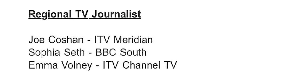 AndyKMTV's tweet photo. Extremely proud that @KMTV_Kent's @abby__hook has been shortlisted for an @RTSSouthernCent award in 'Industry Newcomer'! Thoroughly deserved! Massive shoutout to @JoeCoshan who's up for 'Regional TV Journalist' for @itvmeridian. We'll claim him too! 2 @CfJKent alumni. #JustSaying https://t.co/RAZ6PNEkif