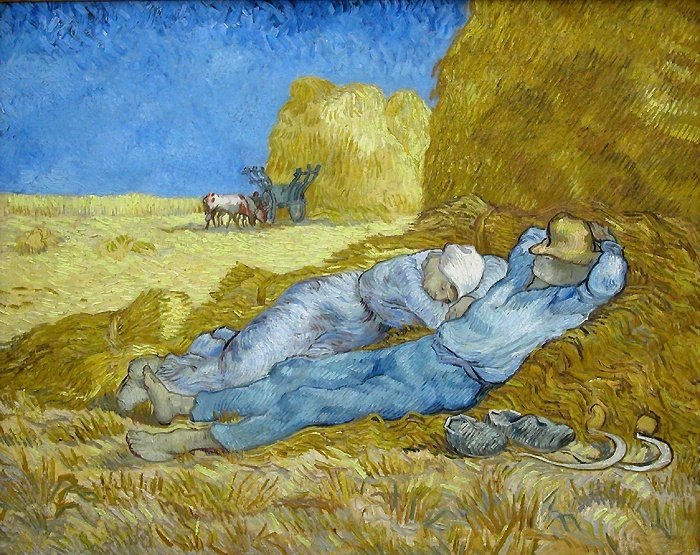 Siesta time! 😴 'The Siesta' by Van Gogh (after Millet) shows a serene scene of two people resting after working hard in the fields. Let’s follow suit! Taking breaks is vital for well-being and productivity. 💆‍♀️💆‍♂️ 🖼️ 1890 © Musèe d’Orsay