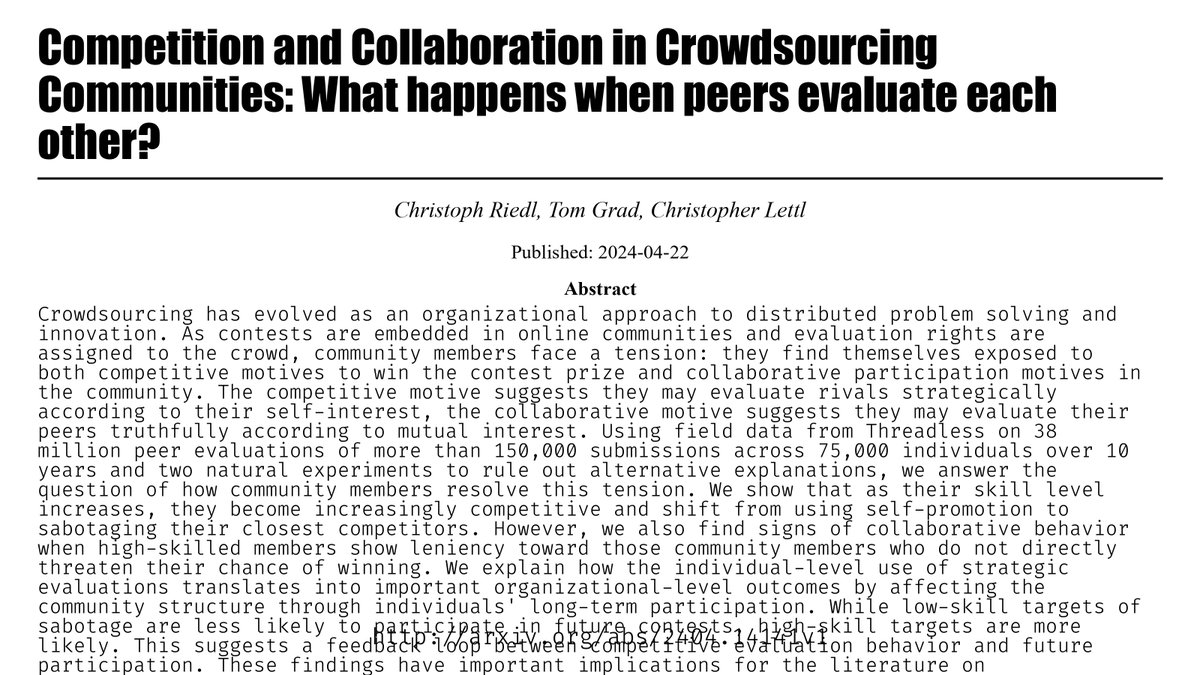 Competition and Collaboration in Crowdsourcing Communities: What happens when peers evaluate each other? arxiv.org/abs/2404.14141…