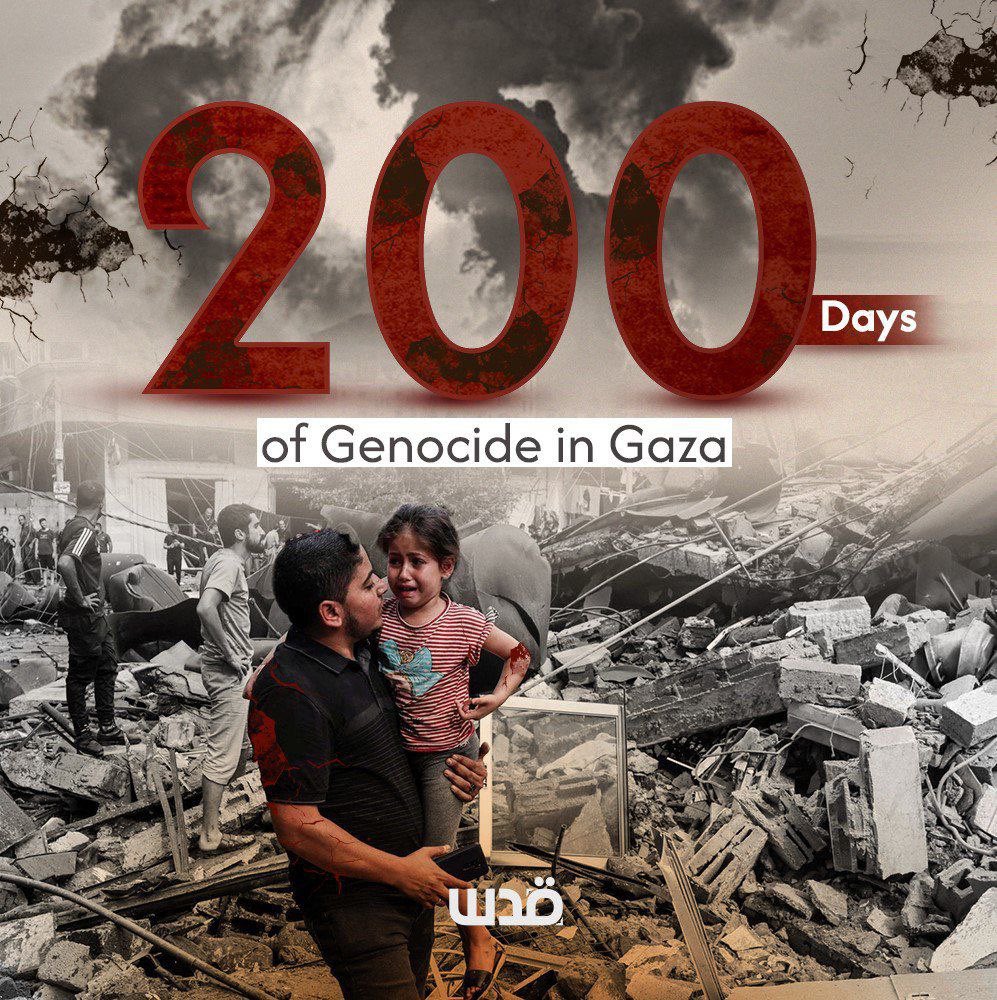 Two hundred days of #Genocide in #Gaza and the tragedy is going on.

#StopGenocide 

#StopArmingIsrael 

#Genocide_of_Palestinians 

#GenocideByIsrael 

#DismantleZionism 

#FreePalestine 🇵🇸🇵🇸🇵🇸
