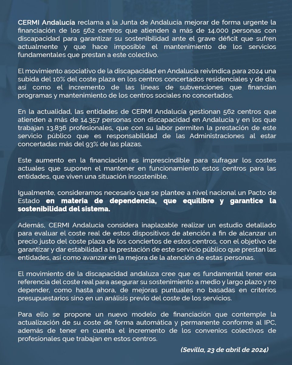Considera que la situación es insostenible y exigen una dotación extraordinaria y un nuevo modelo que asegure la estabilidad de los centros y la prestación de un servicio público esencial para este colectivo.