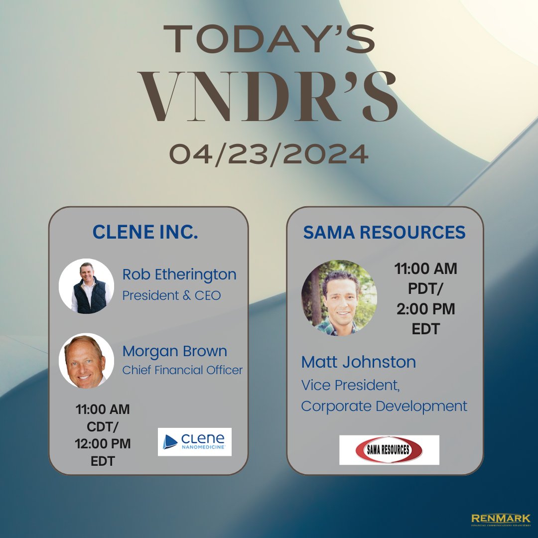 Join us virtually today for two exciting Virtual Non-Deal Roadshows! #RenmarkVNDR Registrations: CLNN: ow.ly/aKMZ50Rl6Y0 SME: ow.ly/o8Z450Rl6XX #CLNN #biopharma #health #SME #mining #nickel #copper