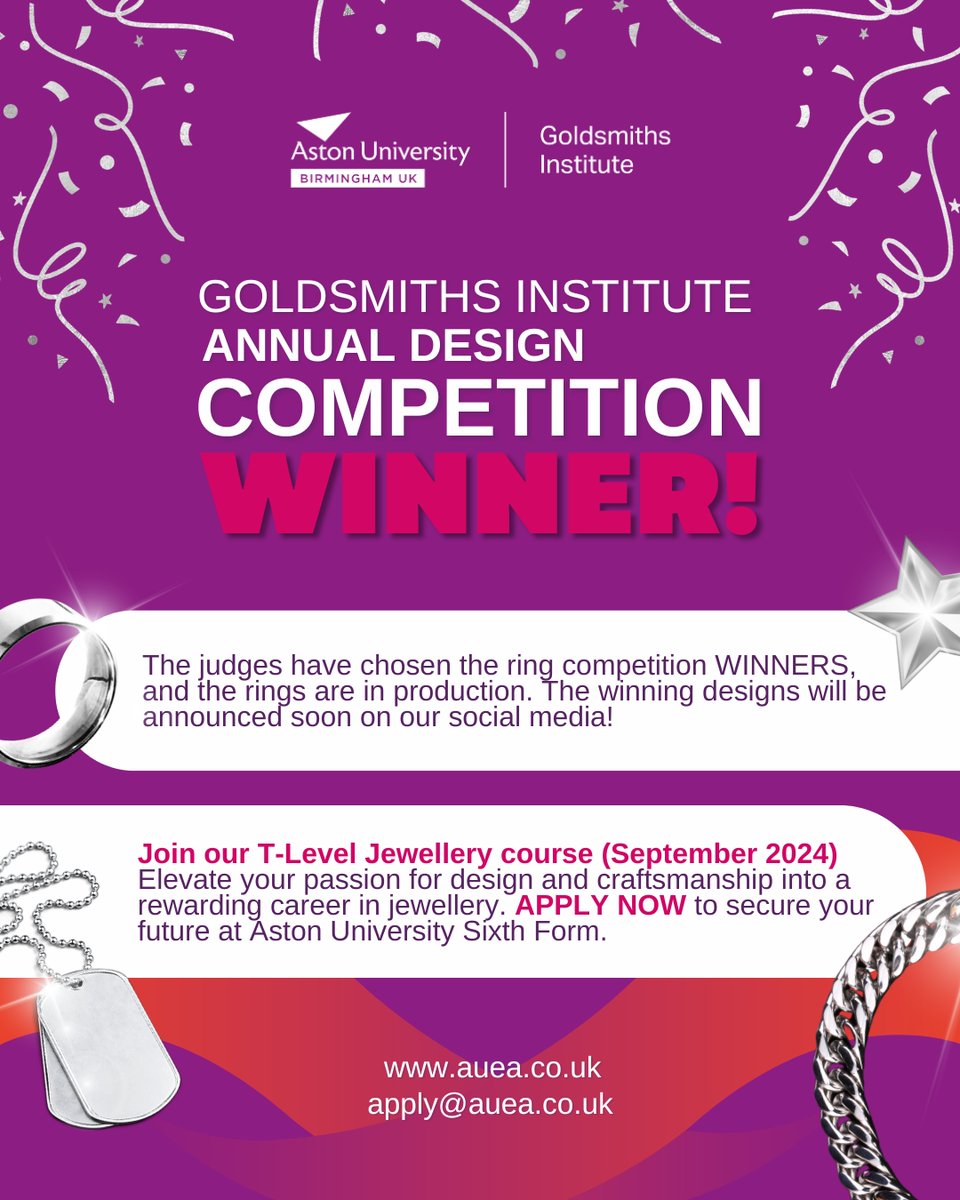 🏆 Exciting news from Goldsmiths Institute: Ring competition winners chosen! Production underway! 🎉 Stay tuned for winning designs reveal! 💍 Join our T-Level Jewellery course starting Sept. 2024 at Aston University Sixth Form! APPLY NOW 💎 auea.co.uk