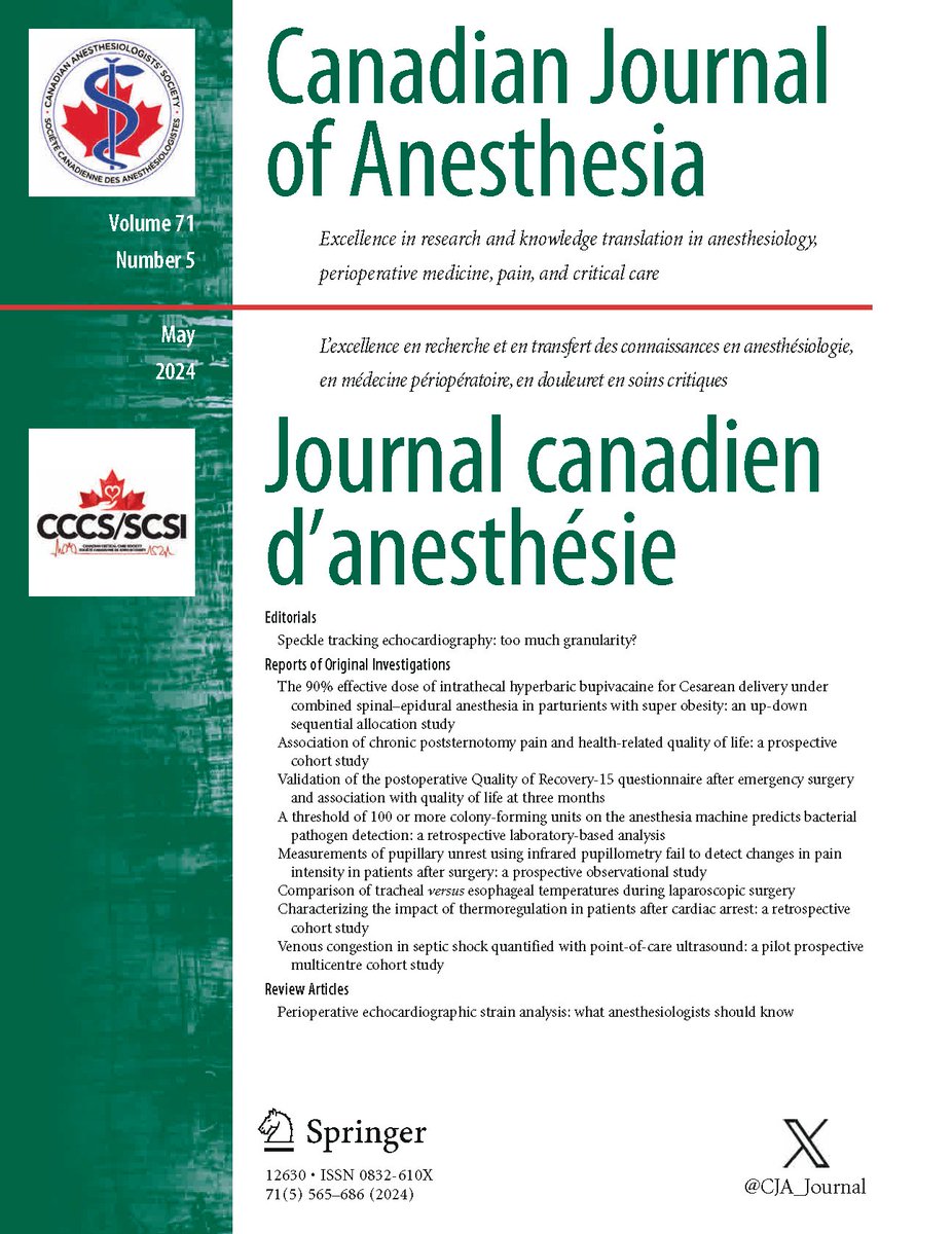 The May 2024 contents of the Canadian Journal of Anesthesia are now available online. @cja_journal 📗 Read it at - ow.ly/1XAa50Rkbof #CJA #journal #CJA_journal