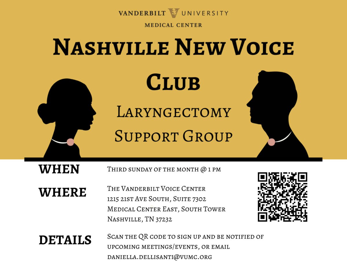 Our Voice team has begun a new support group for #laryngectomy patients. Just us for the Nashville New Voice Club, meeting the third Sunday of every month at 1pm. #Laryngectomee #Voice #Support
@NashvilleVox