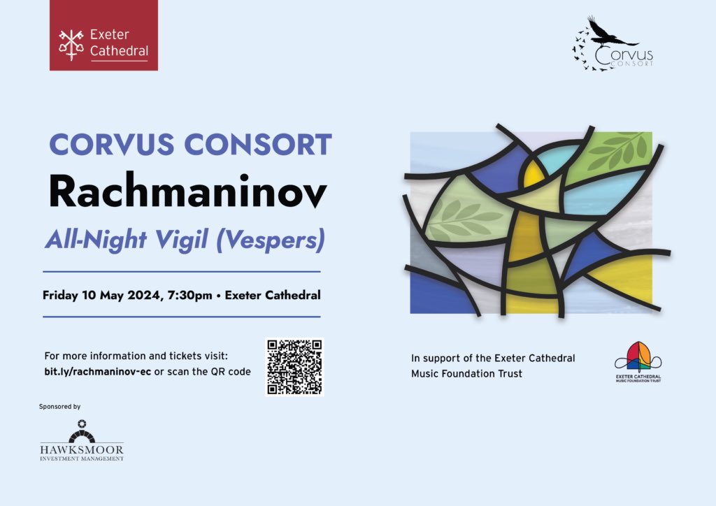 🎶 Next Concert! 🎶 On May 10th, we’re heading to @ExeterCathedral to perform Rachmaninov’s renowned All-Night Vigil alongside hymns of peace from across Europe. Make it a double bill & catch @thesixteenchoir’s #ChoralPilgrimage the night before! 👉 corvusconsort.co.uk/concerts/