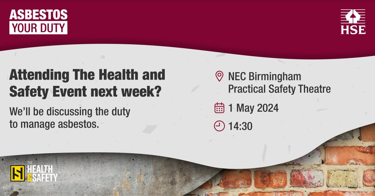 Attending The Health and Safety Event next week? Join HSE as we discuss the duty to manage asbestos in buildings. Further details here: healthandsafetyevent.com/the-health-saf… @HandS_Events #HSE2024 #HealthAndSafety #Asbestos