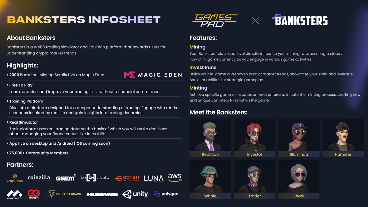 Still on the fence about @BankstersNFT? Check out this one-pager info! ⚡️ 💰 Allocation: $75,000 💲Token Price: $0.04 💎 Ticker: $BARS 📅 IDO Date: April 24, 2024 | 1:15PM UTC 🌐 Network: Ethereum 🎒 Vesting: 20% at listing, vesting for 20% x 4 Months 🪙 Total Token Supply: