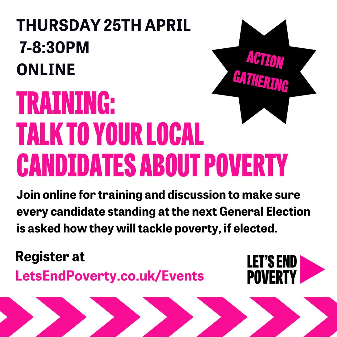 There's still time to register for our candidate engagement training on Thursday evening! Come and get equipped to make sure poverty is on the agenda for the candidates standing in the General Election where you live. Register here: letsendpoverty.co.uk/latest/events/…
