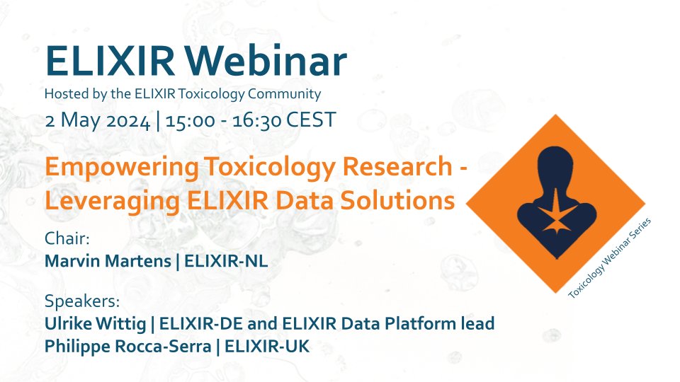 🙌 Join #ELIXIRToxicologyCommunity webinar on 2 May 2024! Find out how ELIXIR Data and Interoperability Platforms can change #toxicologicaldata management and tackle challenges faced by toxicology research consortia. Register now: loom.ly/_wC0JpI