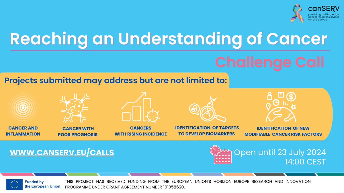 ⚠️Call is OPEN⚠️

APPLY NOW for #canSERV_EU’s CALL for “Reaching an Understanding of Cancer”.

#CancerResearchers world-wide can apply for 🆓access to cutting-edge services.💪

Apply via canserv.eu/calls/ & find the right service/s to accelerate your cancer research🎗️