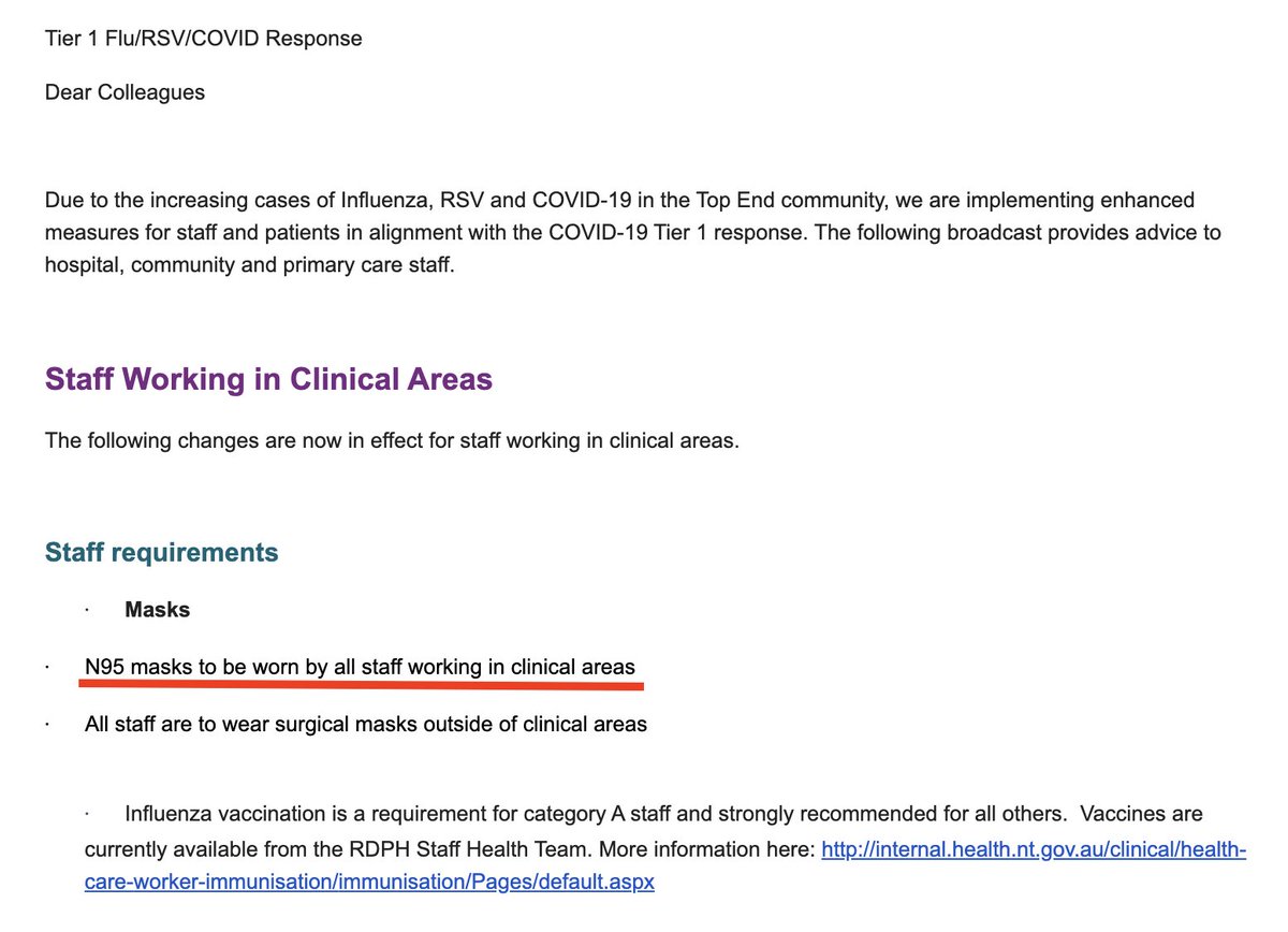 1/ THREAD ON LATEST NORTHERN TERRITORY (AUSTRALIA) COVID/AIRBORNE ILLNESS GUIDANCE - April 17 2024

This is from an email to all NT healthcare staff. How come they are so proactive and, e.g. Queensland, is not?

➡️ N95s in all clinical areas.