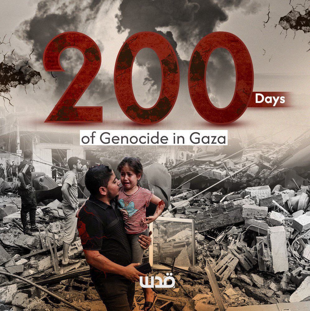 Two hundred days of #Genocide in #Gaza and the tragedy is going on.

#StopGenocide 

#StopArmingIsrael 

#GenocideByIsrael 

#Genocide_of_Palestinians 

#DismantleZionism 

#FreePalestine 🇵🇸🇵🇸🇵🇸