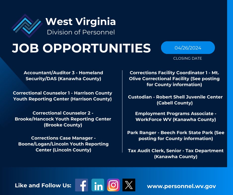 Job Seekers:

Below is a listing of job opportunities closing April 24, 2024 - April 26, 2024. To apply, visit governmentjobs.com/careers/wv.

#DivisionOfPersonnel #TeamWVDOP #jobopportunities #wv