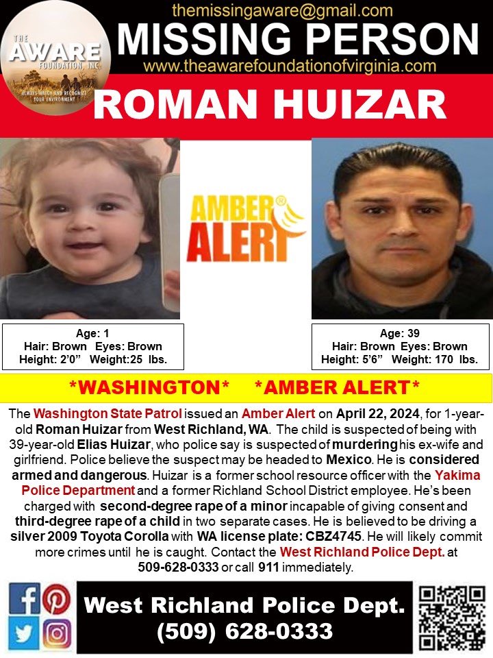 This man should not have been out on bail for raping a teenage girl. Now two women are dead and he is possibly headed to Mexico with his child while armed and dangerous. He is a former Yakima police officer. BOLO Washington. Active Amber Alert! #missingchild #romanhuizar