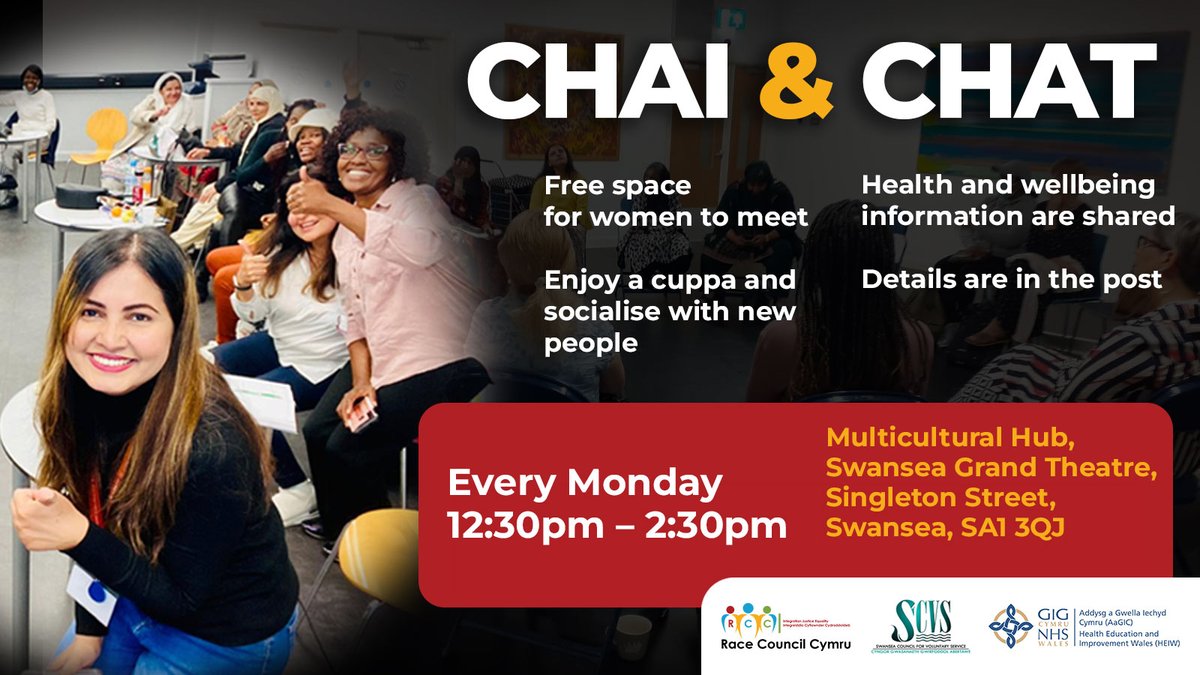 Chai & Chat is an open space for women to connect, relax over a cuppa, and mingle with new friends, with the opportunity to share health and well-being tips. Join us at the Swansea Grand Theatre every Monday by 12:30pm to 2:30pm. #WomenGroup #ChaiandChat #rcccymru