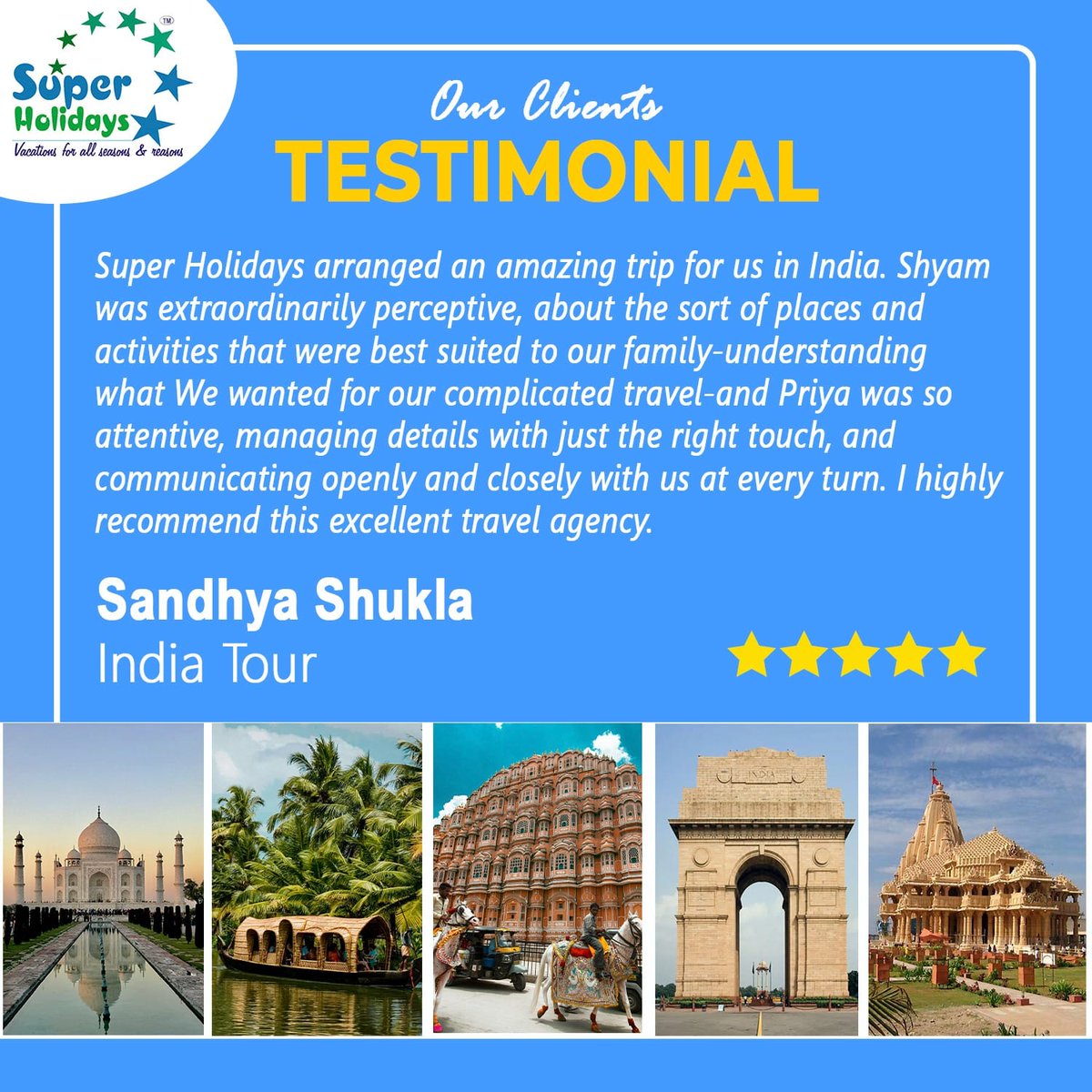 Customer Spotlight: Exploring India with Super Holidays! 
We're thrilled to share this heartwarming testimonial from one of our valued customers, Sandhya Shukla , an NRI holidaying in India with Super Holidays. 📷📷
 #CustomerTestimonial #SuperHolidays #TravelIndia