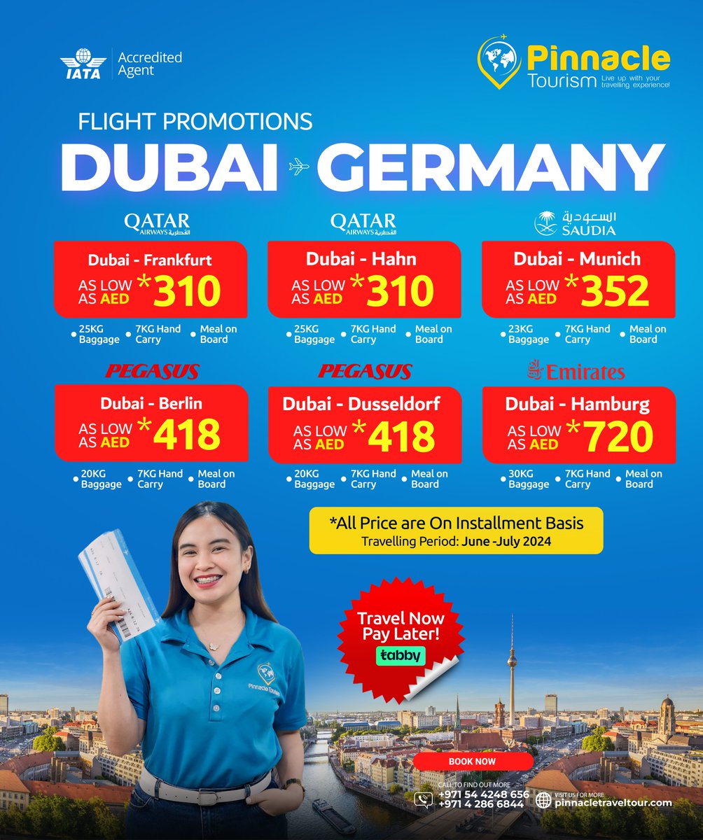 ✈️ Exciting News! ✈️

Pinnacle Tourism is bringing you an incredible offer: Dubai to Germany flight fares are available in convenient installments!

☎️042866844
📲0544248656
📧inquiries@pinnacletraveltour.com

#PinnacleTourism #FlightOffer #DubaiToGermany #TravelDeals