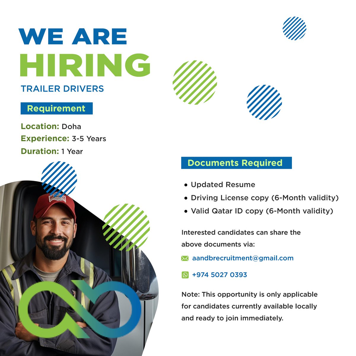 We are hiring a Trailer Driver in Doha, Qatar with a minimum of 3 years of experience.
To apply, send your resume to aandbrecruitment@gmail.com or contact +974 - 66306543
.
.
.
#AandBprojects #Qatar #OilandGasConvention2024