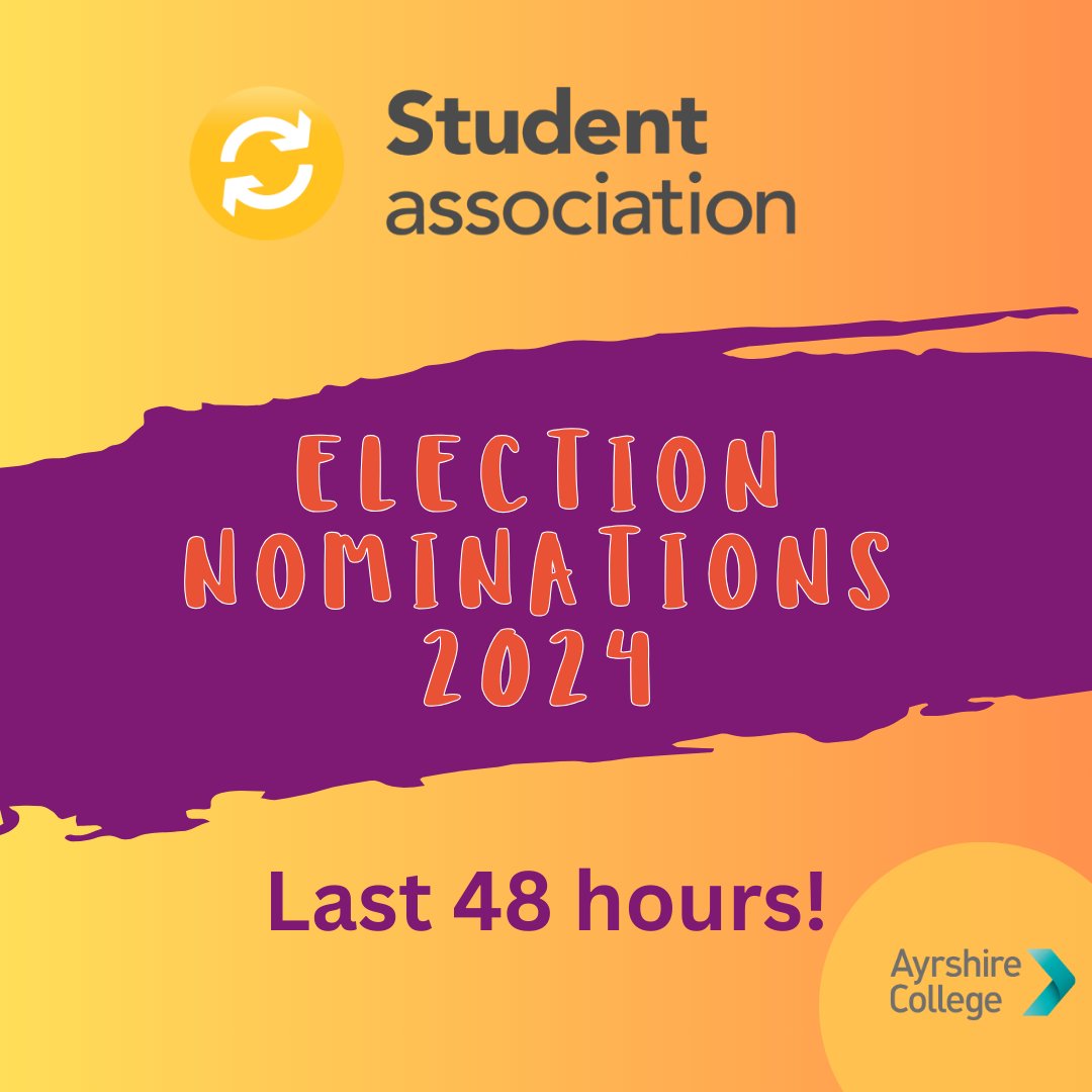 Are you still thinking about Nominating yourself for Student President? We hope you are! There are still 48 hours left to get your nomination in! Got questions? please email us at studentassociation@ayrshire.ac.uk Check your student inbox for more details!