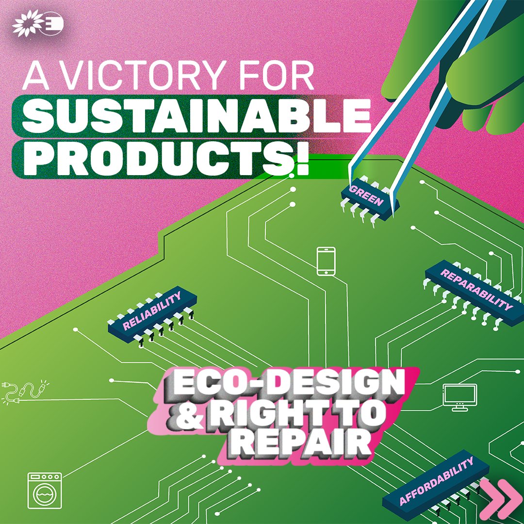 The @Europarl_EN just gave final approval for two groundbreaking laws that will revolutionize our consumption habits! 🎉 🪛 #RightToRepair will make repairing cheaper & simpler 📳#Ecodesign will ban greenwashing & improve transparency Read more: greens.eu/3WgXPfr