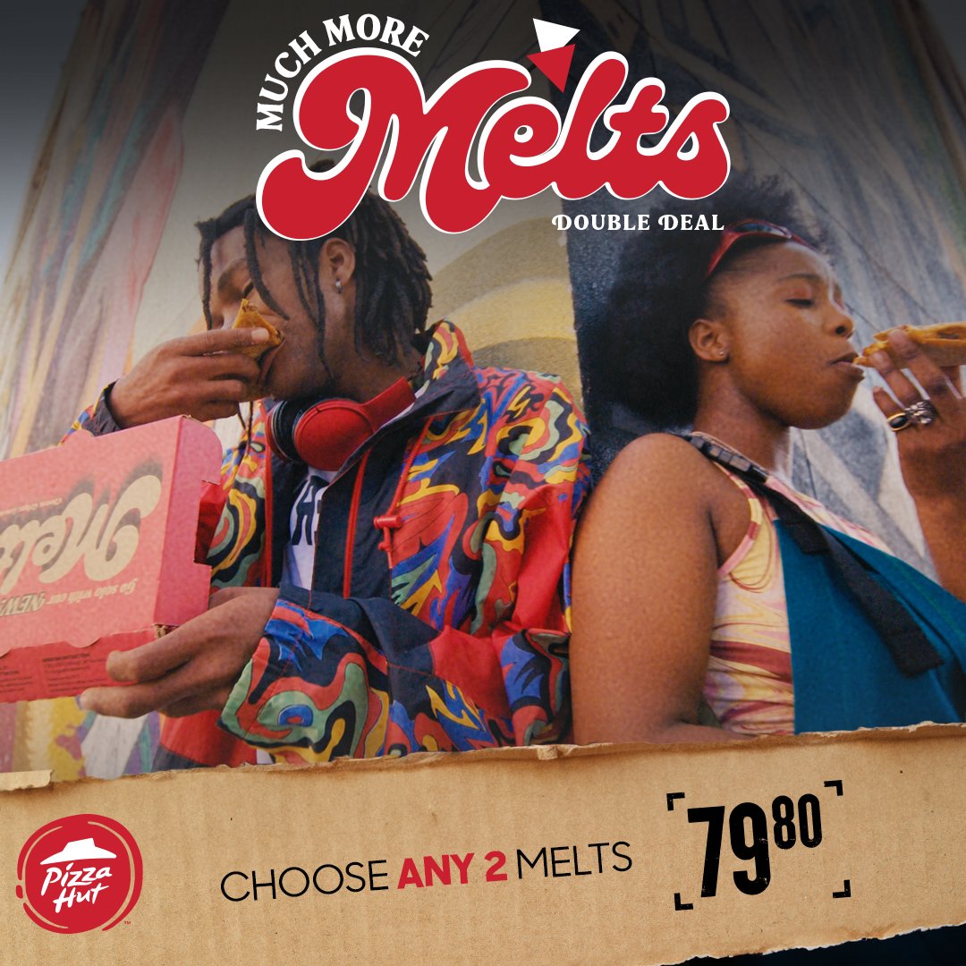 PIZZAHUTSA's tweet photo. Double up! 🍕🍕 On the cheese, the crisp and the crunch with #MuchMoreMelts from Pizza Hut for only 79.80🍕🥳 Order online at https://t.co/FuUoagEKmo or on our app or via Mr D or Uber Eats 📱💻📞 #NotForSharing https://t.co/t47Vjgek9o