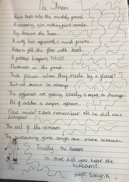 NCPS_Year6's tweet photo. Year 6 have a creative writing club on a Friday where they can write from a stimulus in any genre they want. 

Ahmad (Thailand class) wrote a lovely poem which rhymes all the way through! Well done, Ahmad! #writingforpleasure #creativewriting @TeresaCremin https://t.co/zxAxFM5WRN