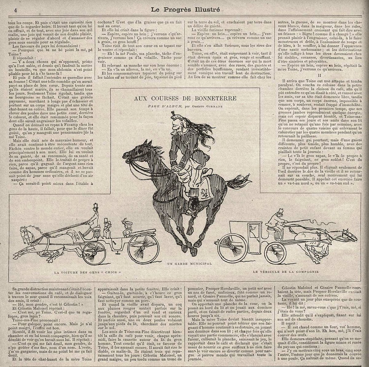 PoliceHistoire's tweet image. Un #gardien de la paix à #cheval de la #police d'État de #Lyon @PoliceNat69 croqué par le célèbre dessinateur Gustave #Girrane dans le Progrès illustré du 18 avril 1891. Le cadre le champ de courses hippiques de #Bonneterre  à #Villeurbanne @BibLyon