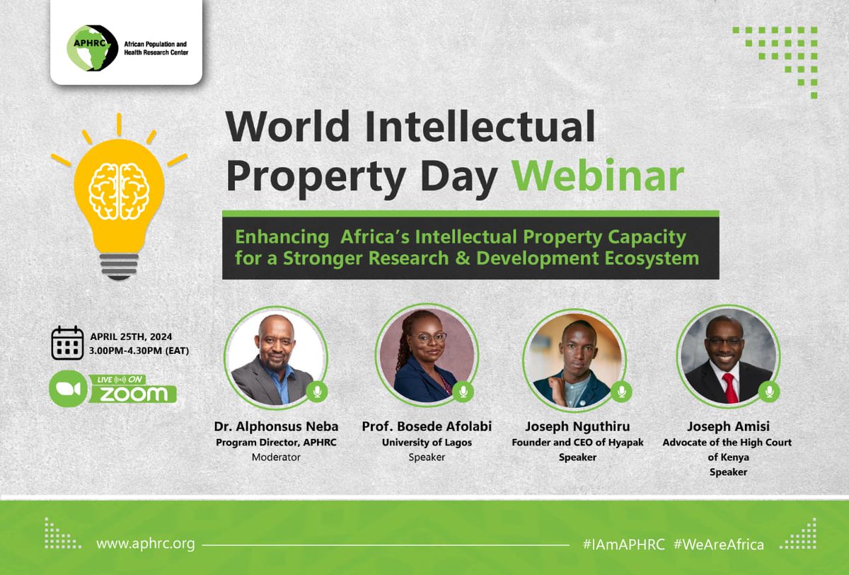 Don’t miss out on our upcoming #IntellectualProperty  webinar this Thursday!

🗓️April 25, 2024
⏰3:00-4:30 PM EAT

Register here: buff.ly/3W6CTYg

#WorldIPDay #IntellectualProperty #IamAPHRC