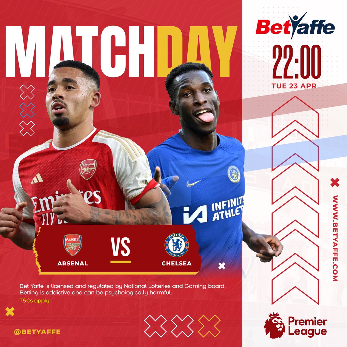 BetYaffe's tweet photo. A massive game in the Premier League title race!
Arsenal vs Chelsea at the Emirates Stadium tonight. Who are you backing to win the game?
Bet via https://t.co/zl2uA1zu8b for the best odds.
#ArsChe || #PremierLeague || #Betyaffe https://t.co/YSmvJ1srL9