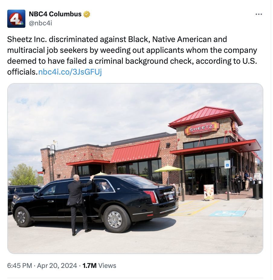 The Biden Administration sues the convenience store chain #Sheetz for racial discrimination because it 'weeded out' job applicants with criminal records. A criminal is a criminal. If it happens to be more of one race in a certain area, that is your problem!