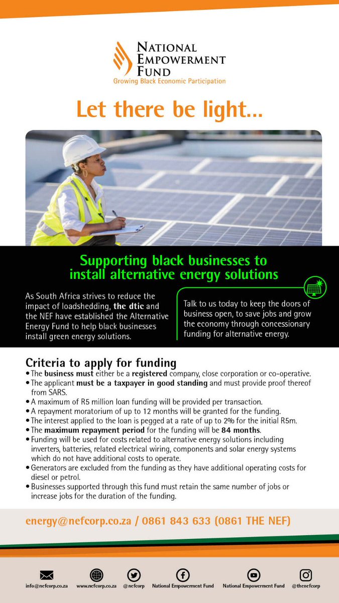 #NEF #NationalEmpowermentFund #Funding #BlackBusinesses #Empowerment #Entrepreneurship #Franchising #AlternativeEnergy