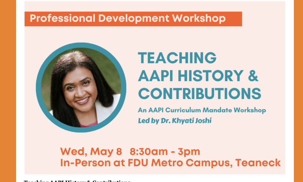 Join Dr. Khayti Joshi at Fairleigh Dickinson University to learn how to bring AAPI history, culture, and people to life in middle school and high school classrooms. @FDUWhatsNew @AAPI_NJ Register here: tickettailor.com/events/aapinew…