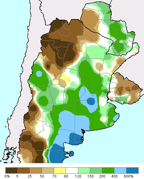 Porcentaje de precipitación vs normal, en % últimos 7 días ⛈️ #Pronósticos #Forecast #Lluvias #Tormentas #Heladas #trigo #cebada #suelos #BahiaBlanca #BuenosAires #LaPampa #Argentina #Uruguay #Paraguay #Brasil 💦